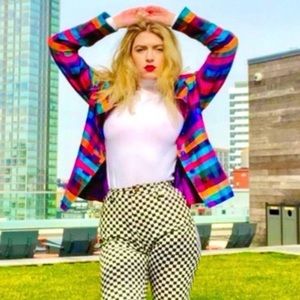 Raw Silk RAINBOW pleated Check Striped Blazer PRIDE